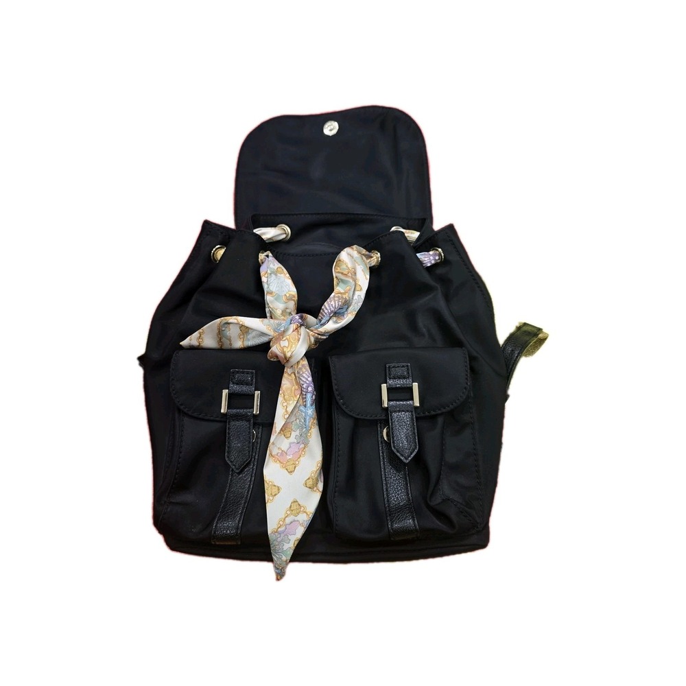 Sam Edelman Black Nylon Backpack Gold Hardware Scarf Drawstring Flap Pocket...